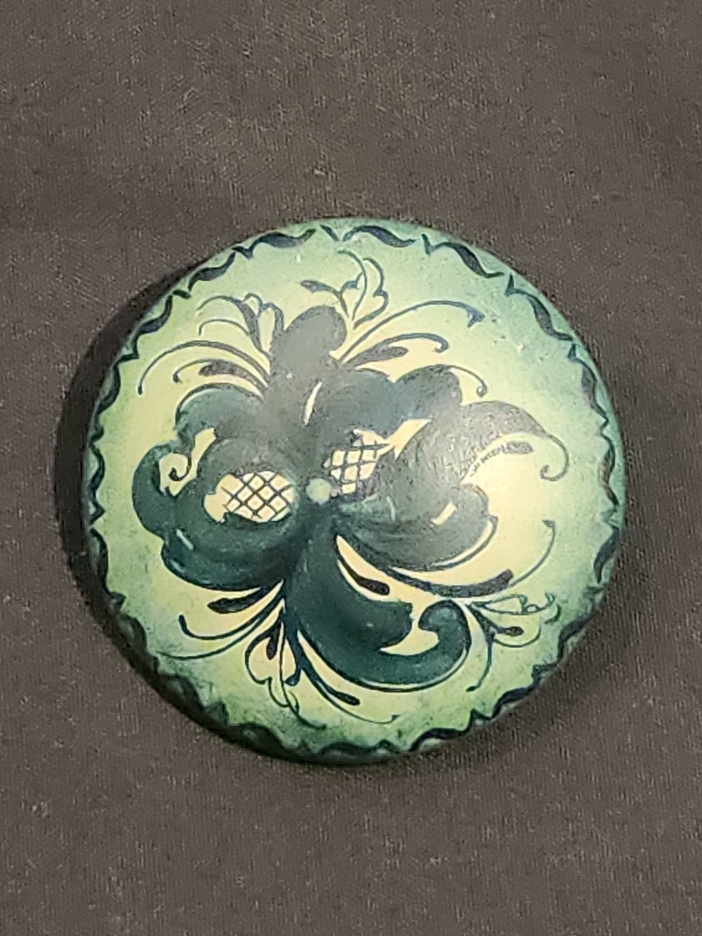 Juel Krueger Hand Painted Brooch Pin Green Teal Cream VTG Rosemaling Folk Art